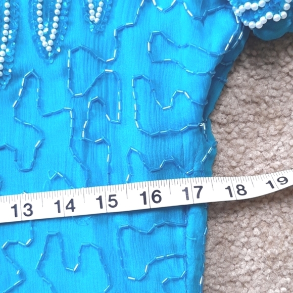 Beaded Midi Lined Dress XL 12-14 Pearl Jawbite Hem Turquoise Aqua Blue ex beads - Picture 9 of 12